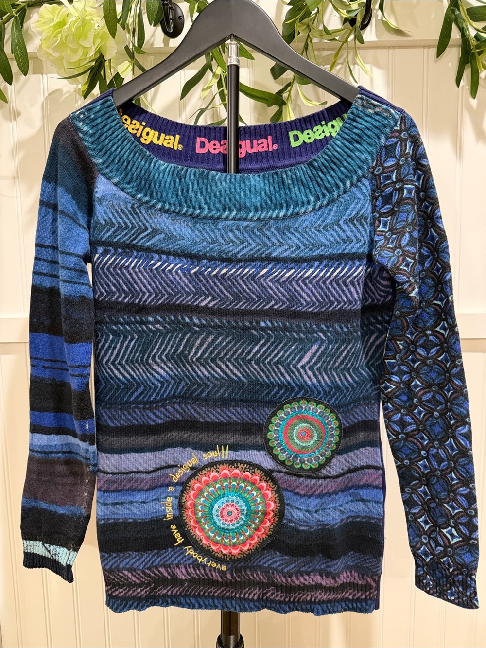 #1020 DESIGUAL Multicolor Blue Patterned Scoop-Neck Sweater